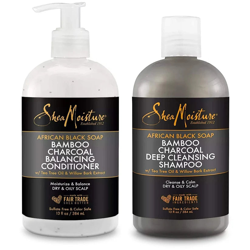 SheaMoisture African Black Soap & Bamboo Charcoal – Scalp Relief Duo (Schampo & Balsam)