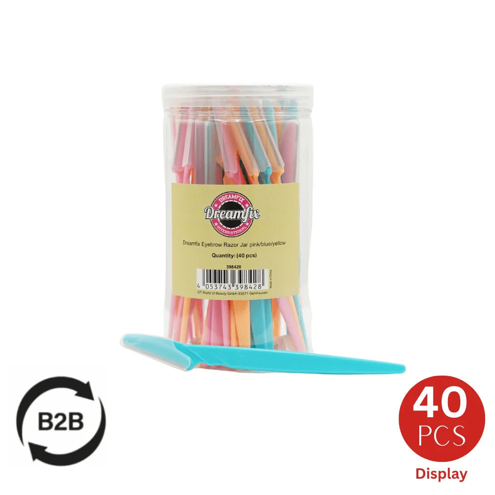 Dreamfix Eyebrow Razor 40-pack – Ögonbrynsknivar i Burk (Rosa/Blå/Gul)